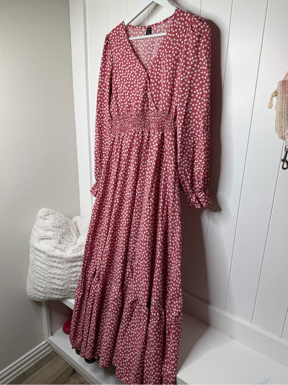 SHEIN Rose Mauve Polka Dot Smocked-Waist Maxi Dress